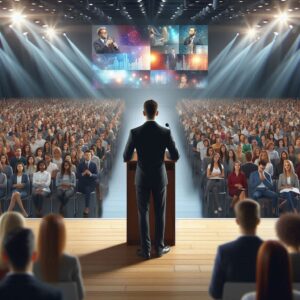 A man is giving a speech to an audience.