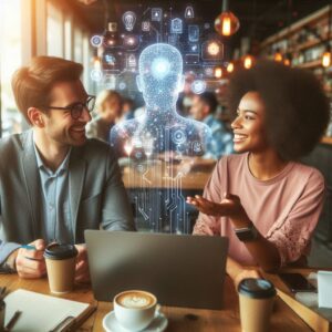 Two people sitting at a table with coffee and laptop.
